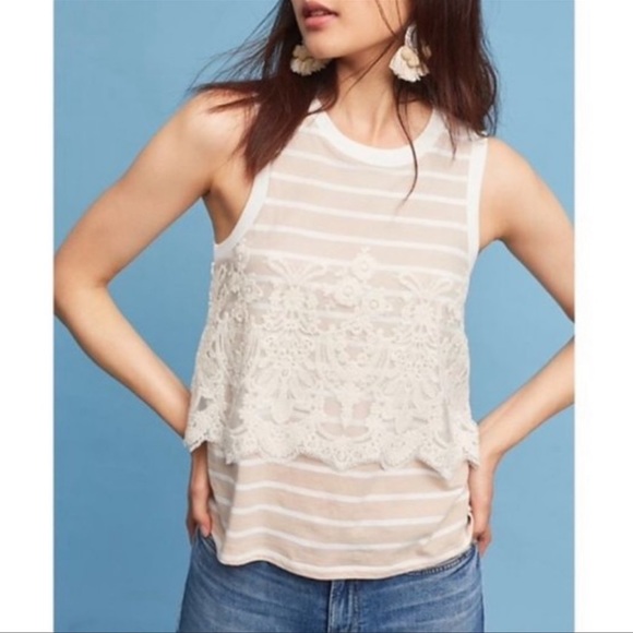 Anthropologie Postmark Tan/White Laced Nautique Tank Top Sz Small - Picture 1 of 7